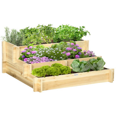 Jardinera Elevada de 3 Niveles de Madera de Abeto, Color Madera, para Verduras, Flores y Plantas