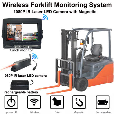 Carretilla elevadora inalámbrica, Monitor de pantalla dividida de 7 pulgadas, cámaras láser IR de 1080P, Banco de energía de Base magnética para sistema de Monitor de carretilla elevadora de seguridad
