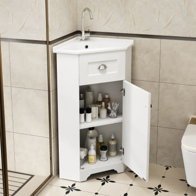 Mueble de Baño Esquinero Independiente de 45 cm, Blanco, Impermeable, de MDF, con Lavabo Cerámico, un Cajón, Puerta de Almacenamiento, Superficie de Melamina sin Pintura, Tirador Metálico