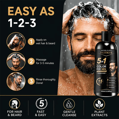 Champú para Colorear el Cabello y la Barba para Hombres YUITIKUE, a Base de Plantas, Suave, Cubre las Canas, Fácil de Usar en Casa