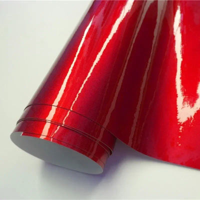 Película de vinilo metálica roja ultrabrillante para coche, lámina de envoltura, pegatina adhesiva para coche, para Motor, muebles de ordenador, gráfico automático
