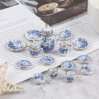 Juego de tazas de té de porcelana en miniatura para niños, vajilla de flores, muebles de cocina, juguetes para casa de muñecas, 15 piezas, 1:12