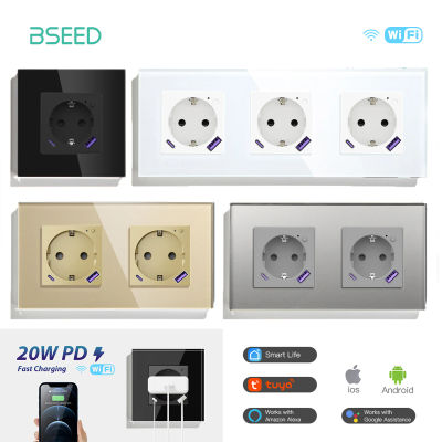 BSEED-enchufe inteligente Wifi estándar de la UE, con puerto USB tipo C de 20W, Monitor de potencia, función de sincronización, Control de hogar inteligente Tuya Alexa, 16A