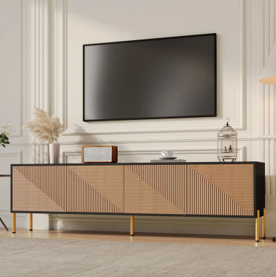 Mueble de TV moderno en negro y madera natural con patas de metal dorado, 179x35x53.5 cm