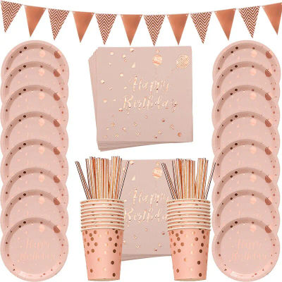 Juego de vajilla desechable de oro rosa para niños, vasos de papel, platos, decoraciones de fiesta de boda, baby shower, 78 piezas