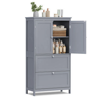 VASAGLE Mueble de Baño, Armario de Baño, Armario de Cocina, Armario Almacenaje con 2 Cajones y 2 Puertas, Estante Regulable, 30 x 60 x 110 cm, Gris Paloma/ Blanco