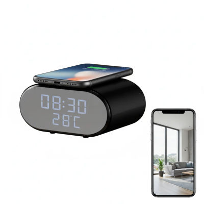 Cámara de Seguridad Interior WiFi 4K Ultra HD con Reloj, Carga Inalámbrica, Alarma, Pantalla de Temperatura, Detección de Movimiento, Visualización Remota, Grabación de Video, Monitor para Bebés y