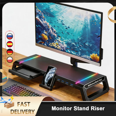 Soporte de Escritorio para Monitor de Computadora RGB con Puertos de Interfaz 2.0/3.0, Cajón de Almacenamiento, Soporte para Teléfono, Elevador de Computadora para Configuración de Juegos en