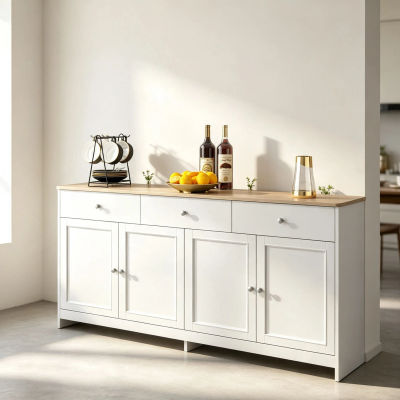 Mueble de Cocina Comanlai, Aparador con Cajonera, Mueble de Almacenamiento con 3 Cajones, 4 Puertas, Mueble Buffet para Sala de Estar, Dormitorio, Pasillo
