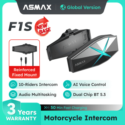 Intercomunicador Bluetooth para Motocicletas ASMAX F1S para 10 Conductores, Comando de Voz, Comunicación por Casco BT 5.3, Sonido de Alta Fidelidad, Sin Base Magnética
