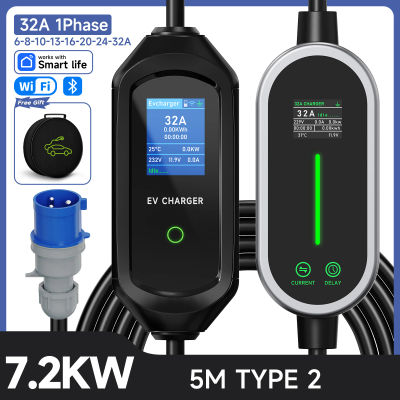 Cargador Portátil JNTAFEV de 7.2KW, 32A, Tipo 2, para Vehículos Eléctricos, con Control por WiFi y Bluetooth, Cargador de Pared de Carga Rápida