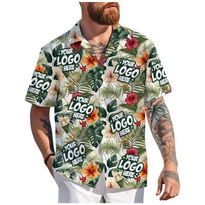 Camisa hawaiana con logotipo personalizado para hombre y mujer, camisas con solapa de plantas tropicales con estampado 3d personalizado, camisa Aloha para vacaciones y playa, novedad de 2025