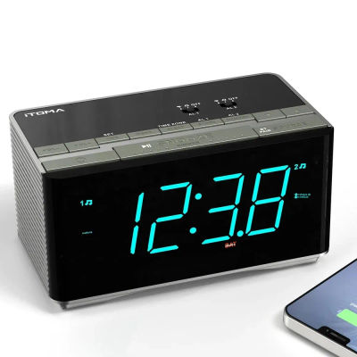 iTOMA 3501 Reloj despertador Bluetooth, alarma dual, radio FM, altavoces estéreo, repetición, atenuador, carga USB