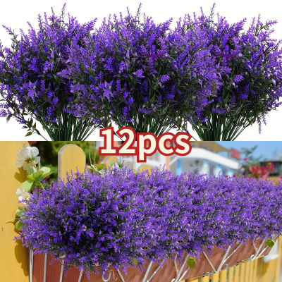 Mechones de 12 Uds. De flores artificiales de lavanda, flores para exteriores, plantas artificiales resistentes a los rayos UV, arbustos falsos, flores, arbustos verdes