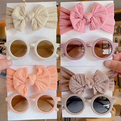 2 unids/set nuevos niños Color sólido algodón Bowknot diadema ancha gafas de sol redondas conjunto de gafas de sol para niñas accesorios para el cabello para niños