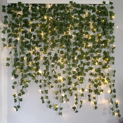 2/5/10M hojas de seda enredadera falsa hoja verde hiedra vid luces de cadena LED para el hogar boda guirnalda colgante decoración de plantas artificiales