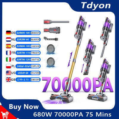 Aspiradora Inalámbrica Tdyon Nova 680W 70000PA, 75 Minutos de Autonomía, Batería Extraíble, Autosoportable, Carga en Pared