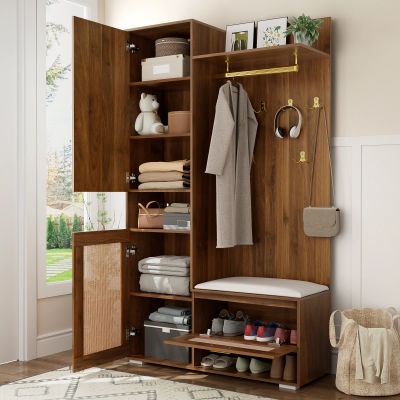 Mueble de Entrada con Espejo e Iluminación LED, Banco y Almacenamiento para Zapatos, Estantes Superiores y Ganchos, MDF, Nogal, 110×38×190 cm