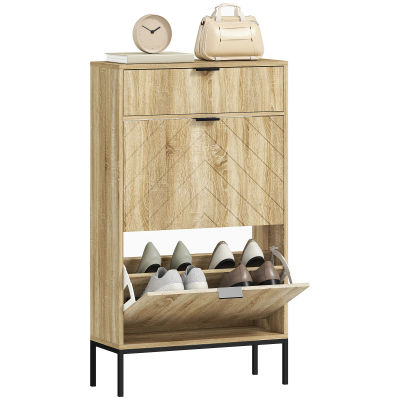 HOMCOM Mueble para zapatos 8 pares con cajón deslizante, 2 cajones, estantes regulables, 60x24x cm, Roble