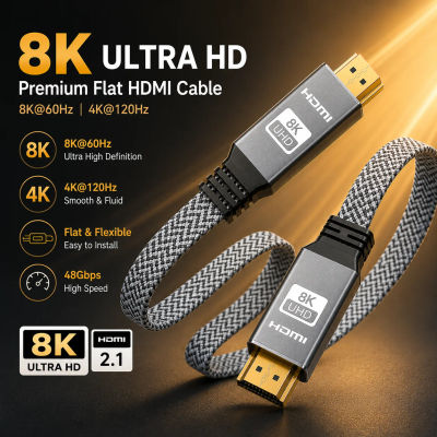 Cable HDMI 2.1 de 8K, Cable HDMI Plano Trenzado de 48 Gbps, Compatible con 8K60Hz y 4K120Hz, Carcasa de Aleación de Aluminio para TV, Monitor, Proyector