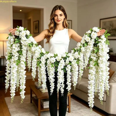 Guirnalda de Rosas Blancas Artificiales de 250 cm, Planta Artificial Colgante 3D, Fácil de Colgar, para Jardín