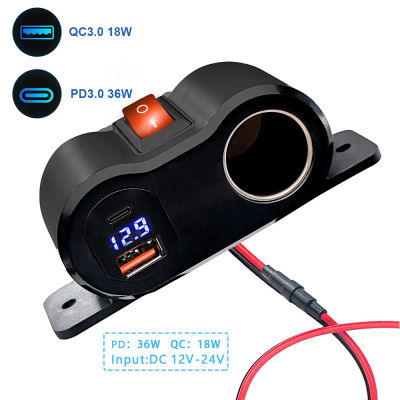 Puerto de cargador USB y PD tipo C Dual QC3.0 de 12V/24V con interruptor, enchufe de encendedor de cigarrillos impermeable para coche, motocicleta, RV marino