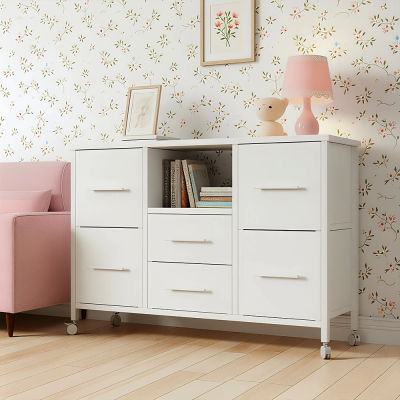 Cómoda con Cajones para Dormitorio o Sala de Estar, Mueble para TV con Estante de Almacenamiento, Unidad de Almacenamiento de Ropa con 4 Ruedas y Cajones de Tela