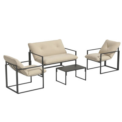 Outsunny Juego de Muebles de Jardín de 4 Piezas para 4 Personas con Sofá de 2 Plazas, 2 Sillones y 1 Mesa Baja, 3 Cojines, Muebles de Jardín para Terraza, Acero Negro, Poliéster Beige