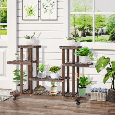 Outsunny Estantería para Plantas de 4 Niveles con Ruedas 123,5x33x80 cm Marrón