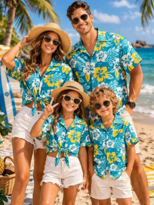 Camisa Hawaiana para Niños con Estampado de Plantas y Flores, Vestido Familiar Azul Verde, Camisa de Playa para Vacaciones, Camisa Deportiva para Padres e Hijos