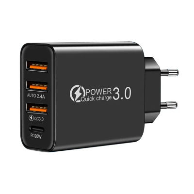 Cargador rápido USB tipo C 4 puertos 3,0 teléfono móvil PD adaptador rápido para iPhone Samsung Xiaomi negro
