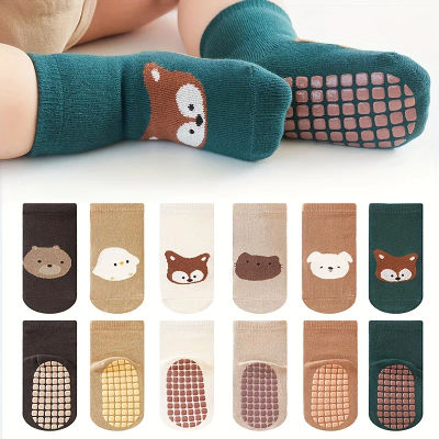 6 pares de calcetines antideslizantes para niños y niñas con lindos estampados de animales de dibujos animados, calcetines cómodos y transpirables para bebés.