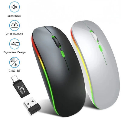 Ratón inalámbrico LED, recargable, silencioso, compatible con Bluetooth, portátil, modo Dual, para ordenador portátil, escritorio, MacBook