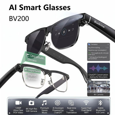 Gafas Inteligentes Blackview BV200 con IA, Cámara 4K HD de 1200W, Llamadas Bluetooth, Traducción por IA, Asistente de Voz, Altavoz Estéreo y Micrófono Integrado