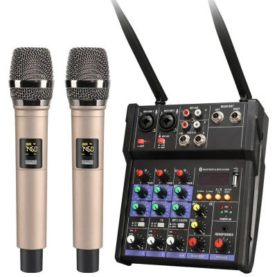 Mezclador de Audio USB de 4 canales con micrófono inalámbrico, mezcladores de sonido de estudio con consola de DJ Bluetooth para microteléfono Karaoke