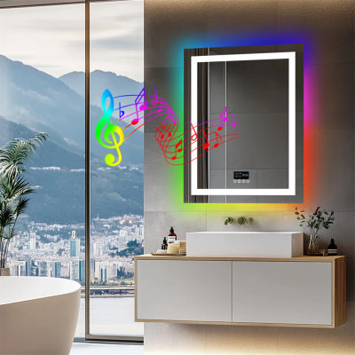 LUVODI Espejo de baño con luz LED de 28x36 pulgadas con altavoces Bluetooth Espejo de tocador RGB de alta gama con fecha y hora