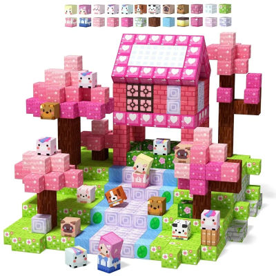 Bloques de construcción magnéticos, imán del mundo de la mina, corazón rosa femenino, flor, cueva, planta, Zombies, conjunto de cubos, cubo de ladrillo, juguetes, regalos para niños