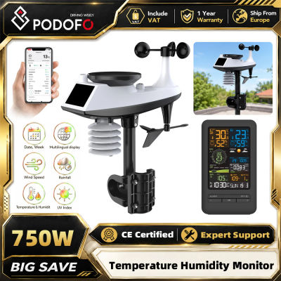 Podofo - Estación Meteorológica Inteligente con WiFi y Bluetooth, Reloj Despertador con Control por Aplicación TUYA, Resistente al Agua IPX4, Sensor Exterior Profesional para Temperatura, Humedad,