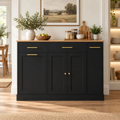 Isla de cocina con encimera plegable de 120 cm, mueble independiente con compartimento para el cubo de basura, estante lateral extraíble y 3 cajones, acabado en negro y madera natural.