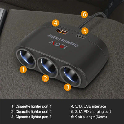Enchufe USB Dual de 120W 3 en 1, divisor de encendedor de cigarrillos de coche, enchufe de cargador rápido de 12V y 24V, adaptador de corriente para teléfono para iPhone, GPS, Dashcam