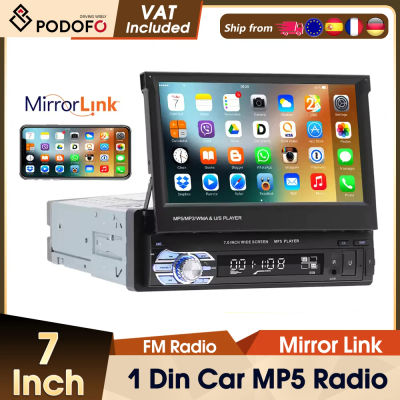 Radio para Auto Podofo 1DIN de 7 Pulgadas con Pantalla Táctil Retráctil, Reproductor Multimedia para Auto con Bluetooth, FM, USB, AUX, Audio
