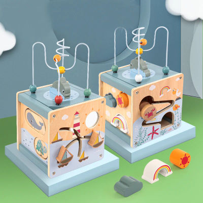 Cubo de actividades de madera para niños pequeños 5 en 1, clasificador de formas de animales, laberinto de cuentas, juguetes educativos Montessori para bebés de 6 a 12 meses, juguetes de aprendizaje