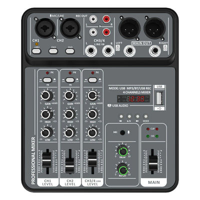 Mezclador de audio de 4 canales 48V Phantom Power USB Mezcladores de sonido de estudio Consola de DJ Bluetooth Mezcla para Karaok