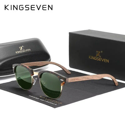 Marca KINGSEVEN, gafas de sol de nogal para hombres y mujeres, lentes polarizadas UV400, gafas con montura redonda de madera, gafas Vintage Retro de lujo, gafas de retales