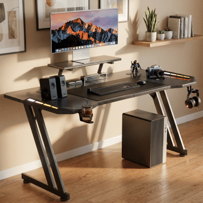 Escritorio de Juegos Ergonómico con Iluminación LED, Soporte para Monitor, Soportes para Auriculares y Vasos, 120/140/160 Cm, Apto para Oficina y Hogar