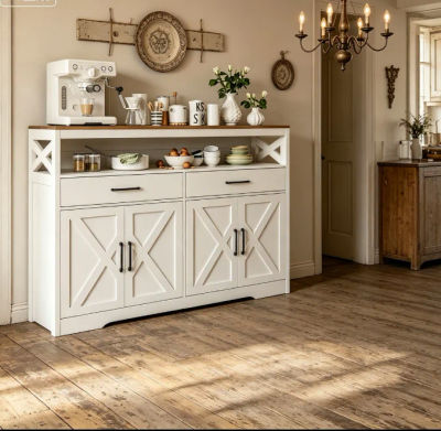Aparador, Mueble Buffet con 2 Cajones, 4 Puertas, Mueble de Cocina Estilo Rústico para Cocina y Sala de Estar 40 x 140 x 105 cm Blanco Vintage Marrón Miel