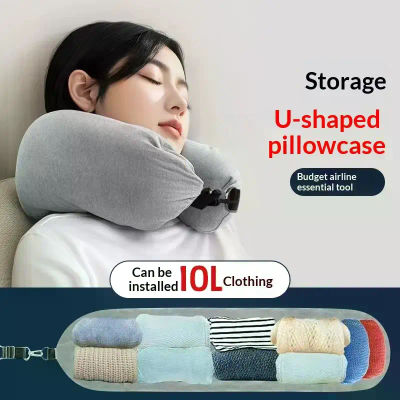 Almohada de viaje para el cuello con bolsa de almacenamiento de ropa rellenable, funda de almohada en forma de U, funda de almohada de cuello de lana cristalina para viajes en avión