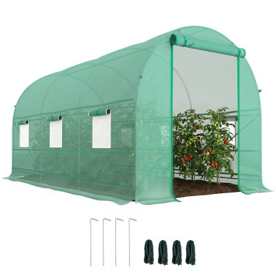Outsunny Invernadero Túnel 400x200x200cm con 6 Ventanas Cultivo Plantas Verde