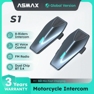 ASMAX Blue S1 Intercomunicador para motocicleta Casco Comunicación en grupo de malla, Auriculares Bluetooth con control de voz para motos de nieve, esquí y ATV