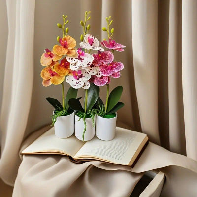 4 plantas en macetas de orquídeas simuladas de flores adecuadas para dormitorio, oficina, fiesta, decoración de boda, plantas en macetas, bonsái, incluidas macetas